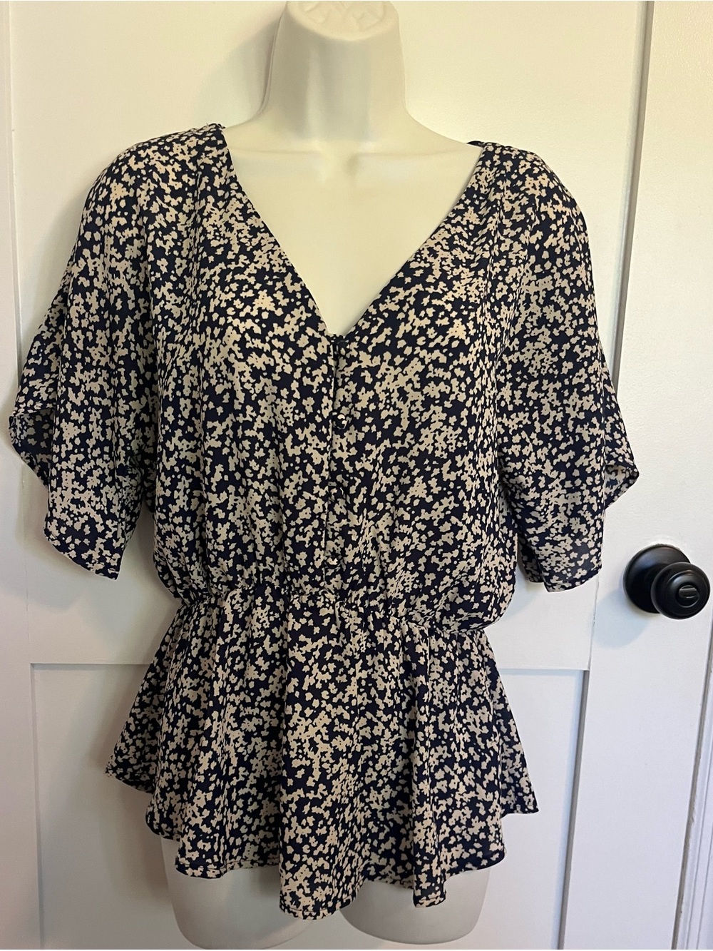 Navy Blue and White Floral V-Neck Peplum Blouse